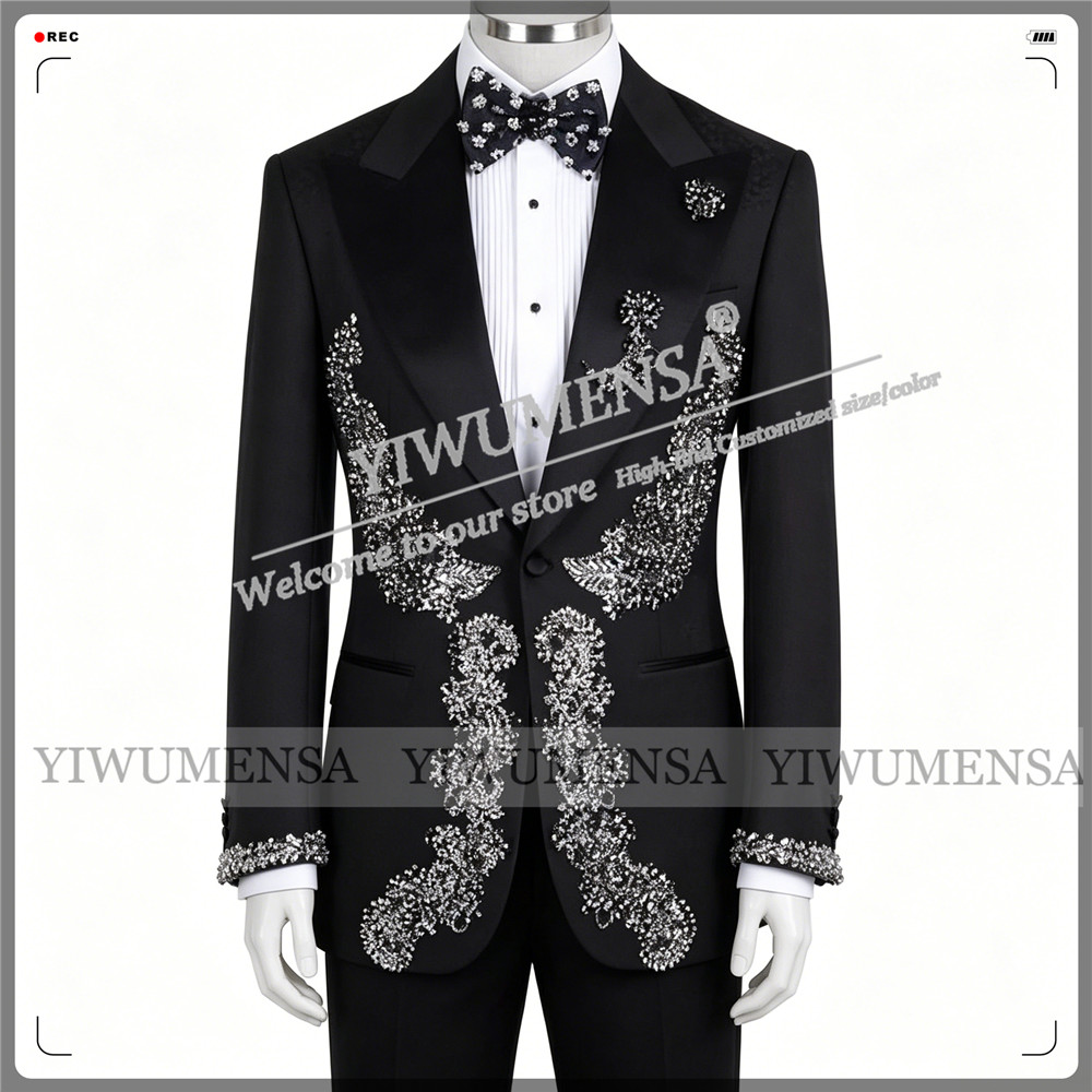 Men Formal Wear Outfits - 男性用限定ウェディングスーツ スリムフィット ビーズストーンジャケット パンツ 2ピースセット 新郎フォーマルウェア