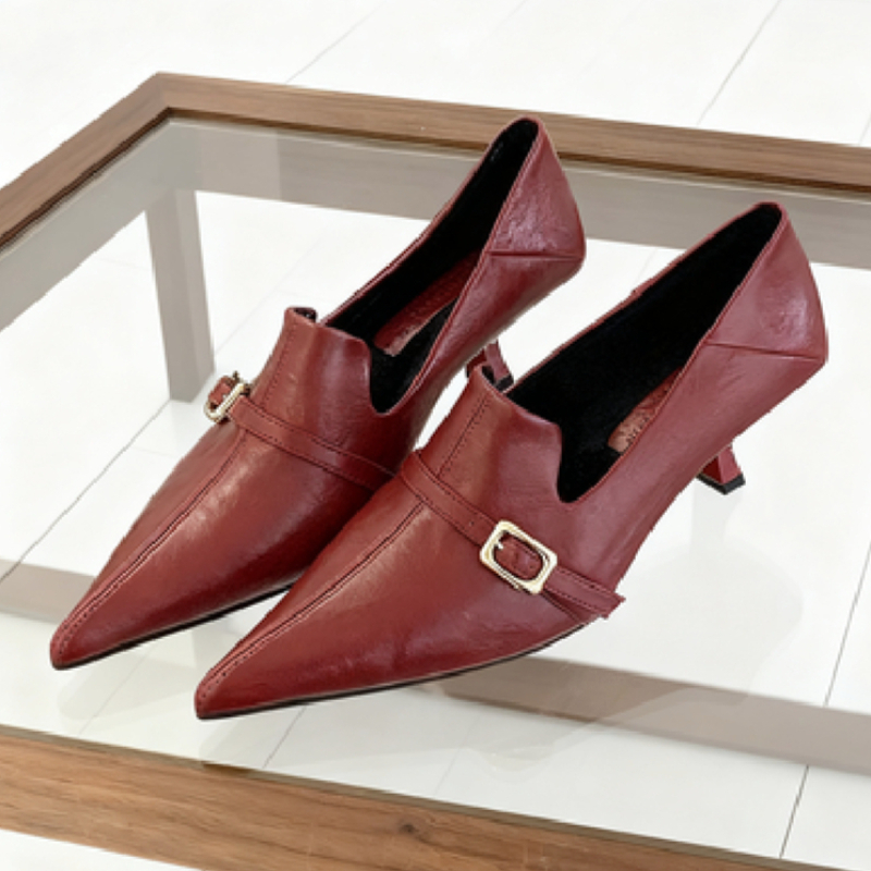 Formal Belt Leather Thin - エレガントな子猫ヒール、女性用パンプス、ベルトバックル、ソフトレザーデザイン、ポインテッドトゥ、ローヒールシューズ、快適なオフィスフォーマルシューズ、レディース向け