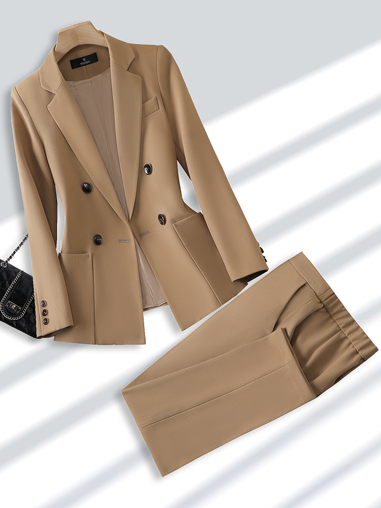 Men Formal Wear Outfits - 女性のためのブレザーとズボンのスーツ、オフィス、ビジネス、仕事のためのフォーマルなパンツスーツ、女性のファッション、ベージュ、黒、カーキ、ポケット付き2ピースセット