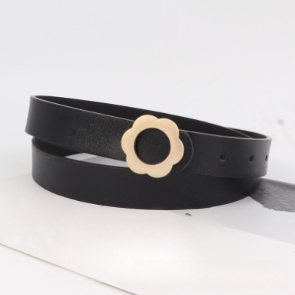 Formal Belt Leather Thin - 女性用薄型PUレザーベルト、花柄モチーフの合金バックル付き、カジュアルからフォーマルな装いに最適、長さ105cm、幅2.3cm、色はブラック、ホワイト、コーヒー、キャメル