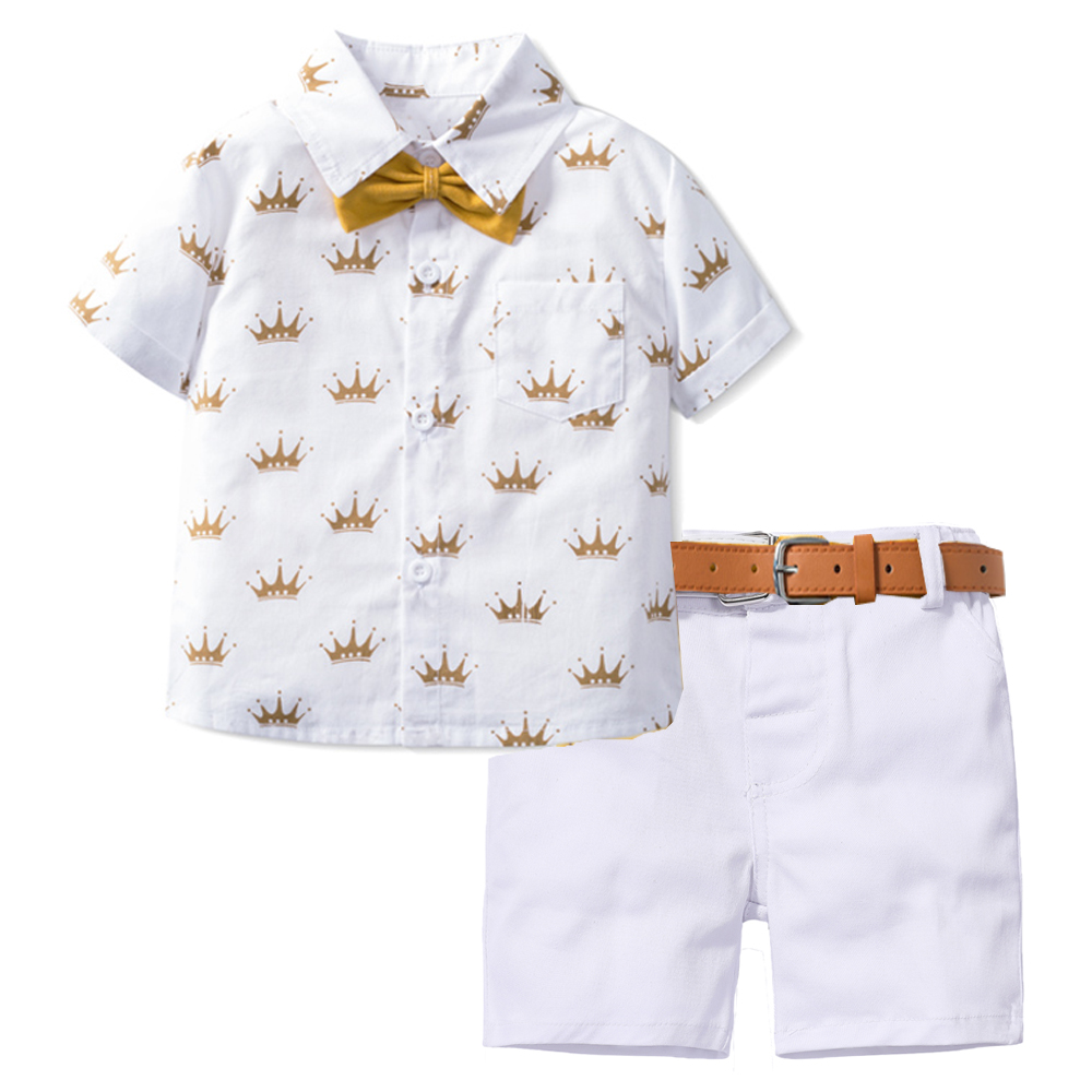 Formal Belt Leather Thin - 夏の子供用フォーマルスーツ、王冠柄のシャツと蝶ネクタイ付き革ベルト、男の子の誕生日パーティー服セット、1歳、2歳、3歳、4歳、5歳、6歳向け