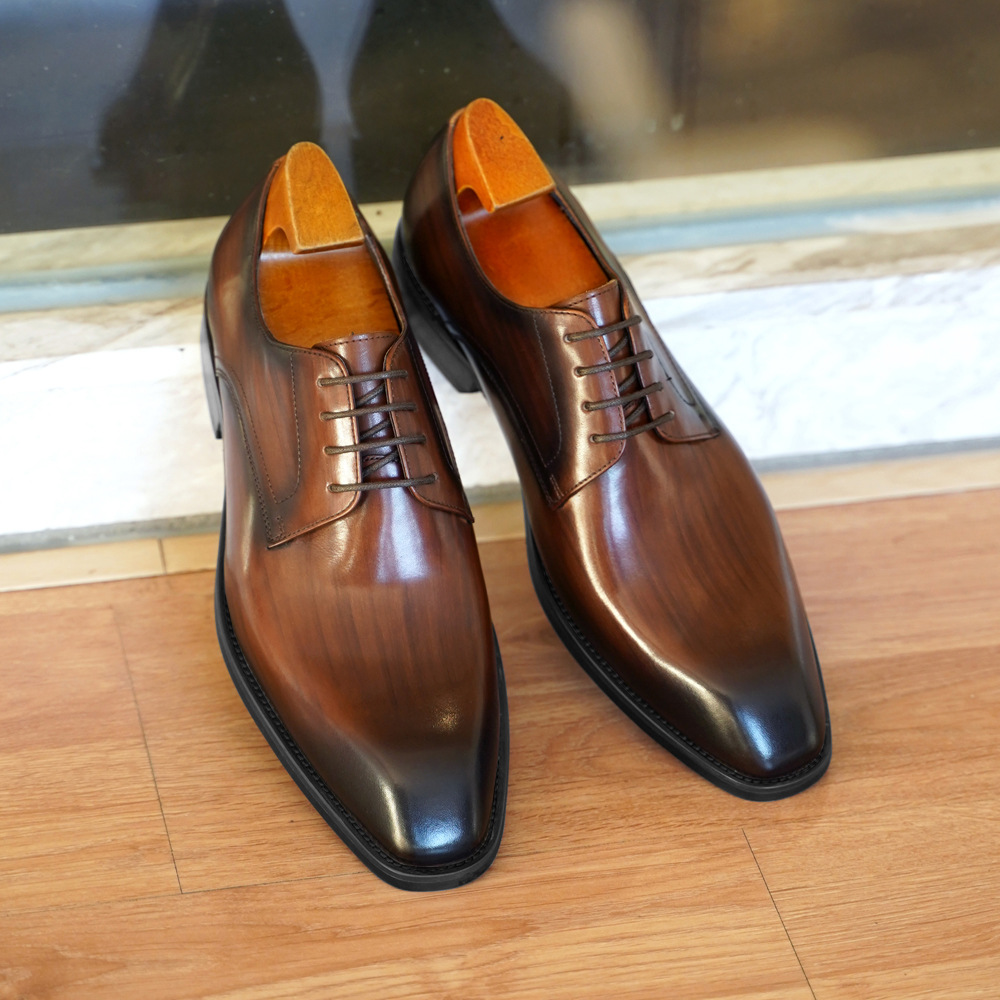 Men'S Formal Wear For Office - メンズビジネスカジュアルシューズ、ヴィンテージ風木目調スクエアトゥレザーダービーシューズ、快適なオフィスウェア、フォーマルなドレスシューズ、フットウェア