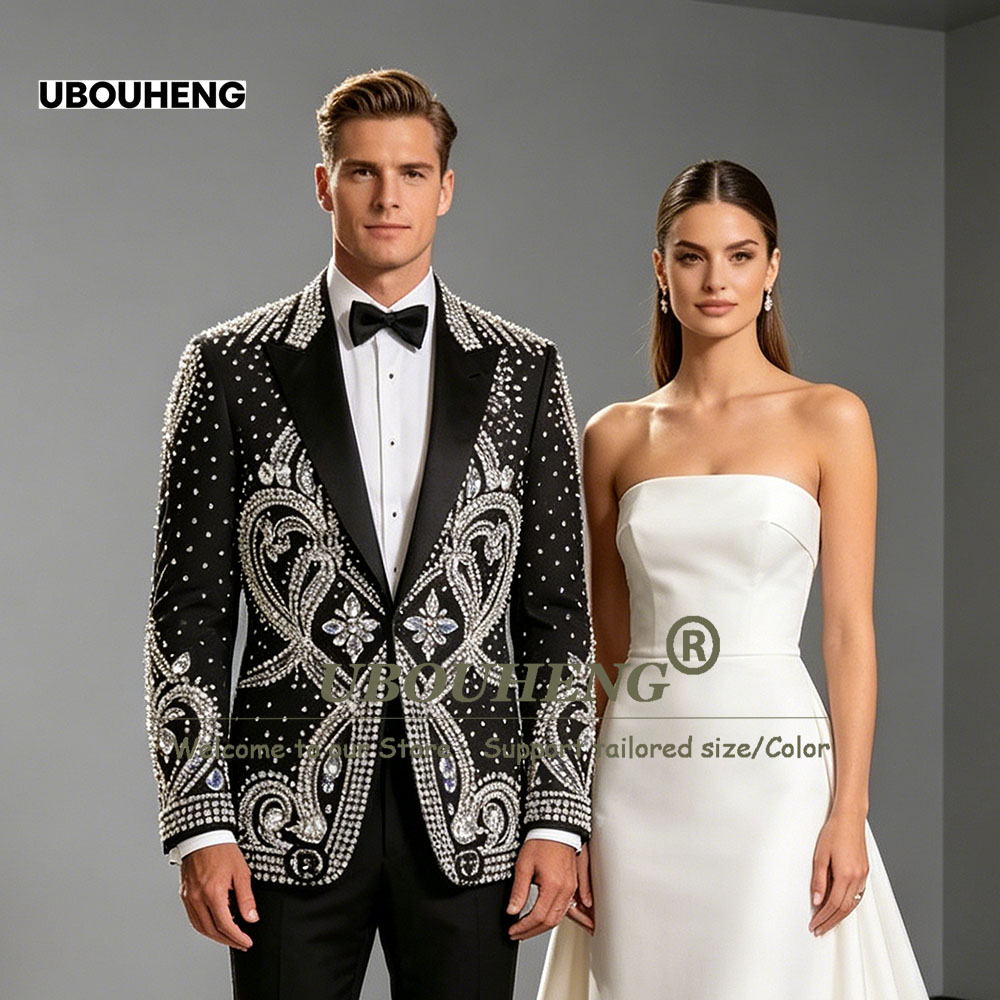 Men Formal Wear Outfits - 絶妙な結婚式のスーツ男性用ダイヤモンドビーズプロムブレザーカスタマイズされた 2 ピースセット新郎タキシード衣装フォーマルディナーパーティー衣装