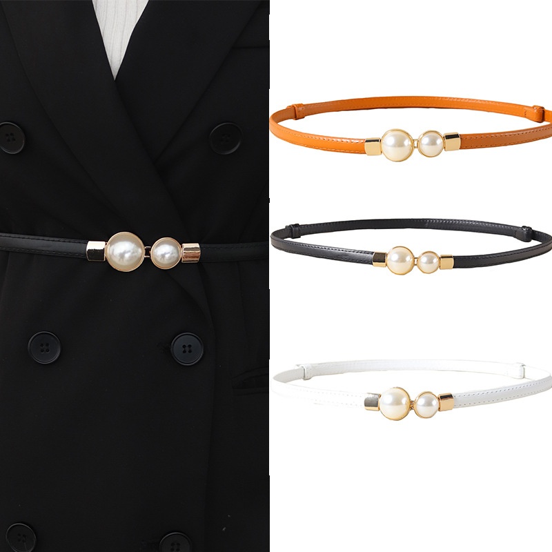 Formal Belt Leather Thin - エレガントなヴィンテージパールウエストチェーン細いベルト女性の韓国スタイルセータージャケットフック弾性スリムフィットレザーベルト