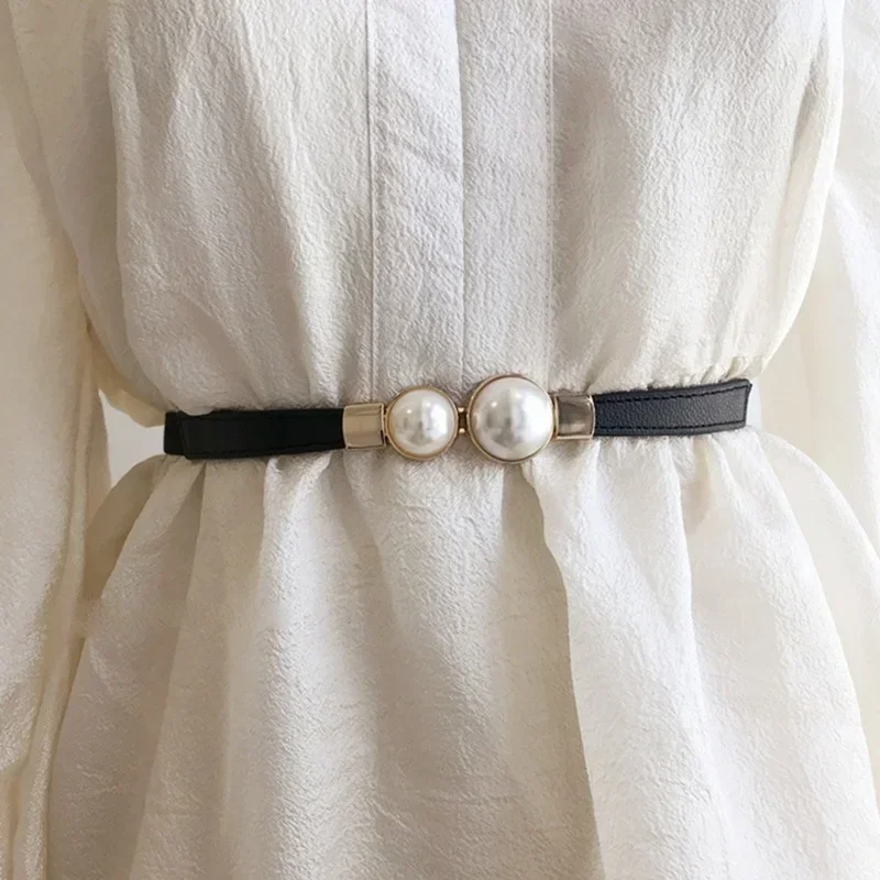 Formal Belt Leather Thin - 女性のベルトクリエイティブダブルパールレザードレスウエスト弾性薄型エレガントな女性のファッションアクセサリー服装飾ギフト
