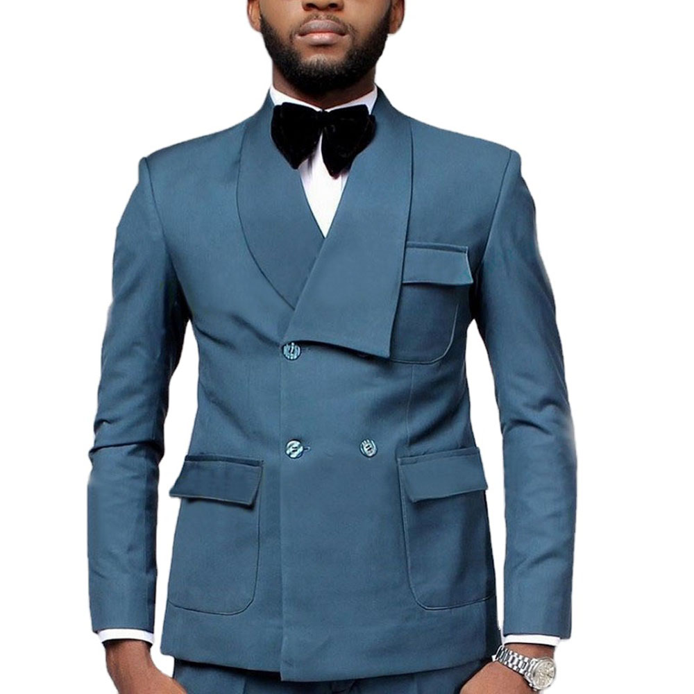 最新デザインのダブルブレストレイクブルーブレザーパンツメンズ - Men Formal Wear Jacket のレビューと価格
