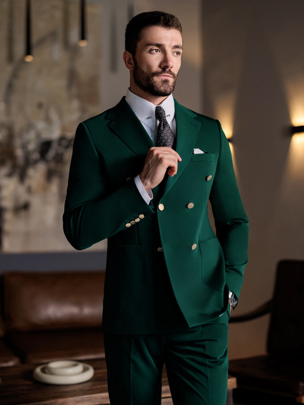 グリーンのフォーマルなメンズスリムフィットスーツ 2ピース  - Men Formal Wear Jacket のレビューと価格