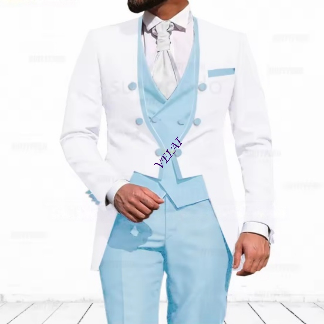 カスタマイズされたスカイブルーのメンズ3ピーススーツ、エレガ - Men Formal Wear Jacket のレビューと価格