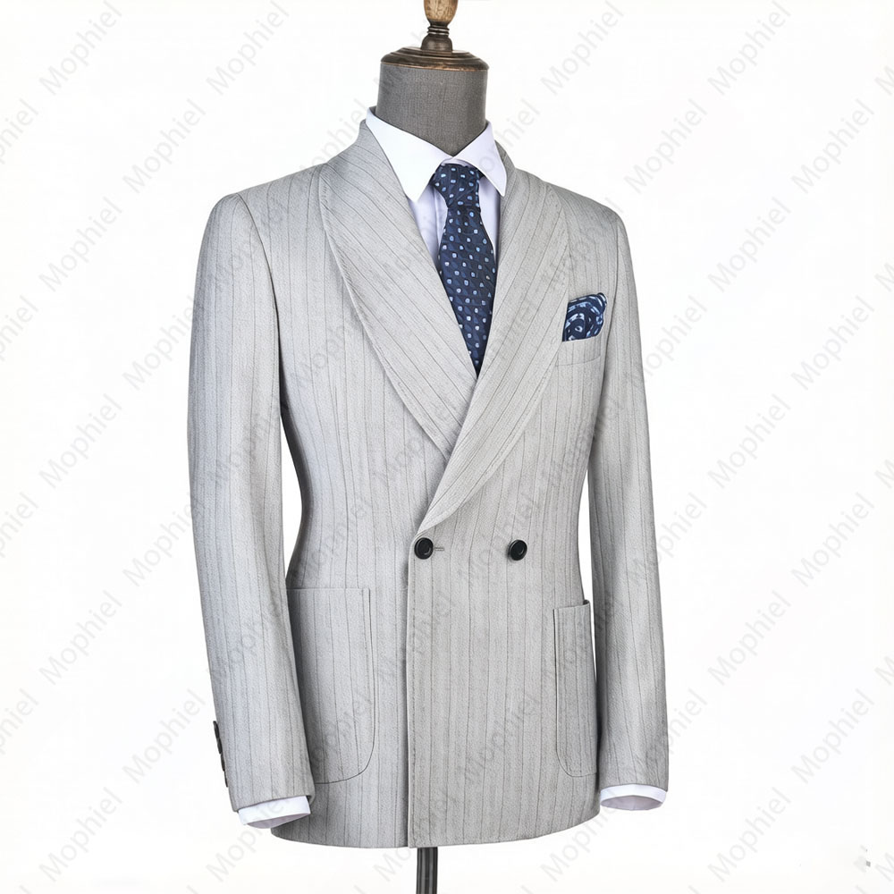 モフィエル ライトグレー メンズスーツ ストライプ ダブルブ - Men'S Formal Wear For Office のレビューと価格