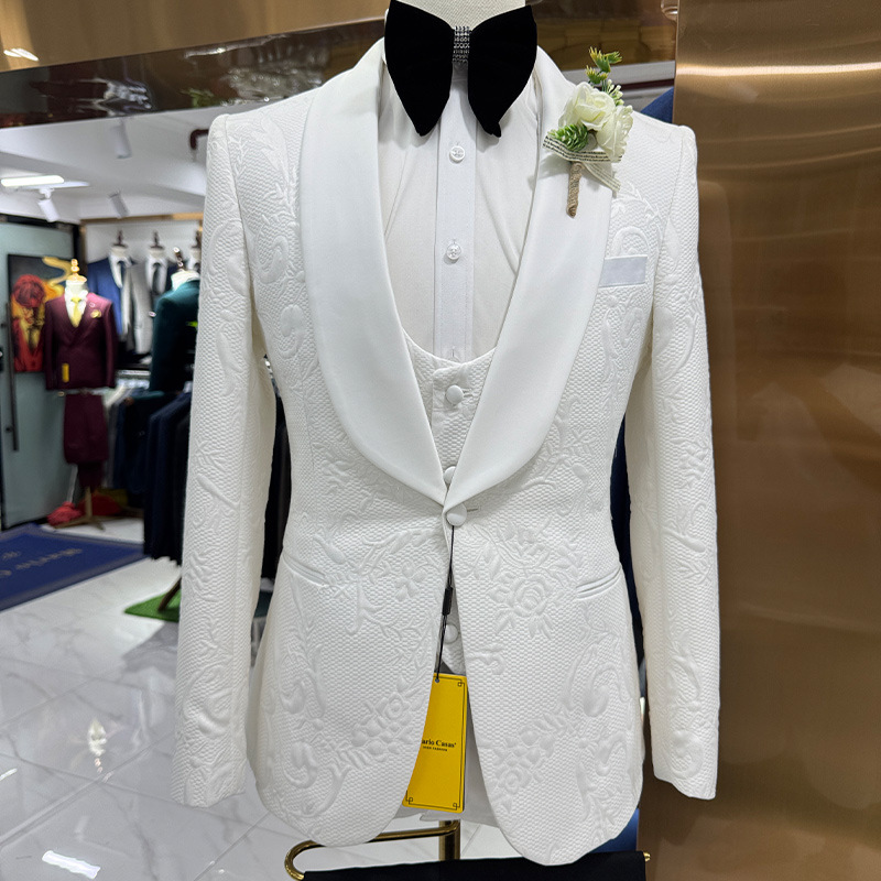 メンズウェディングスーツ ホワイト3ピースセット ジャカード - Men Formal Wear Jacket のレビューと価格