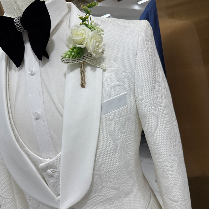 メンズウェディングスーツ ホワイト3ピースセット ジャカード - Men Formal Wear Jacket のレビューと価格