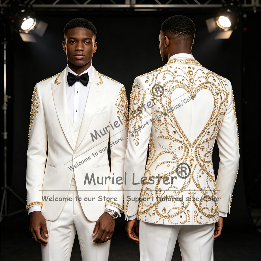 3ピースセット ゴールドダイヤモンドビーズスーツ メンズ ユ - Men Formal Wear Jacket のレビューと価格