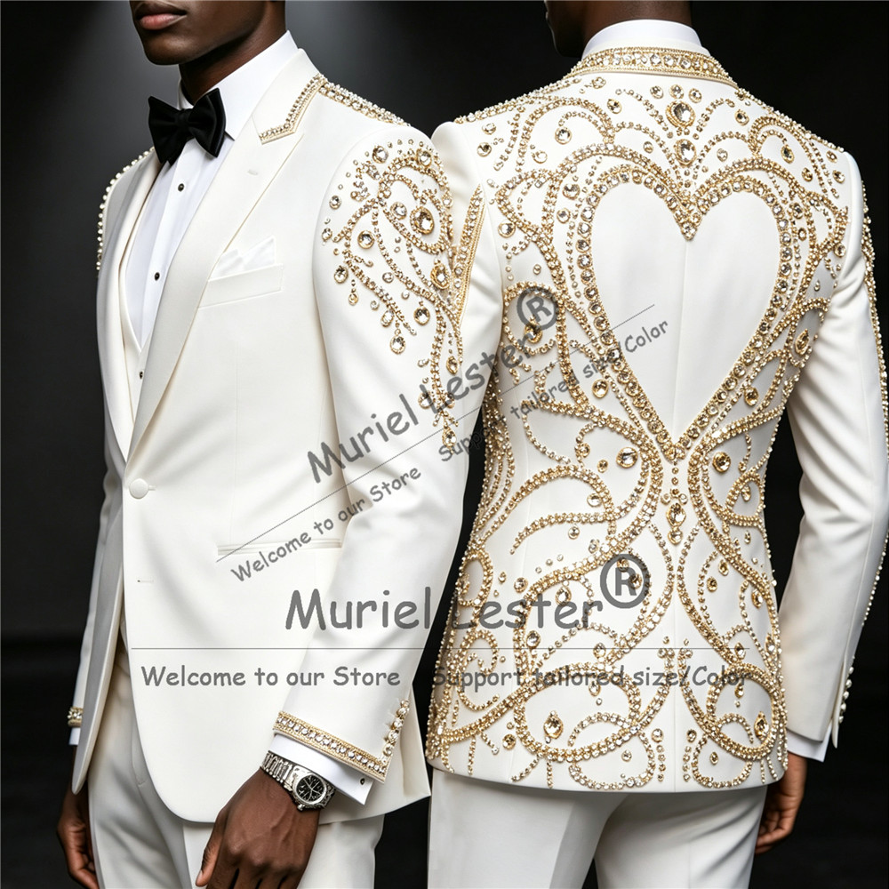 3ピースセット ゴールドダイヤモンドビーズスーツ メンズ ユ - Men Formal Wear Jacket のレビューと価格