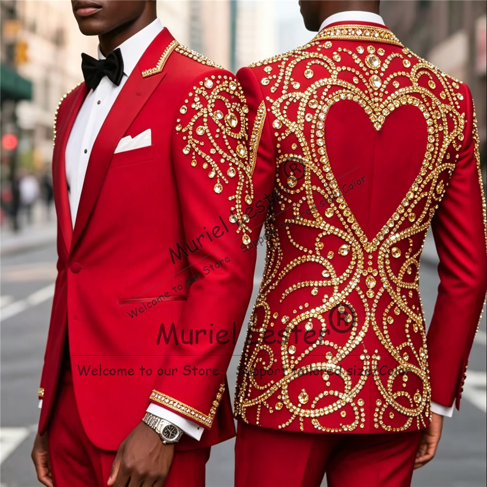 3ピースセット ゴールドダイヤモンドビーズスーツ メンズ ユ - Men Formal Wear Jacket のレビューと価格