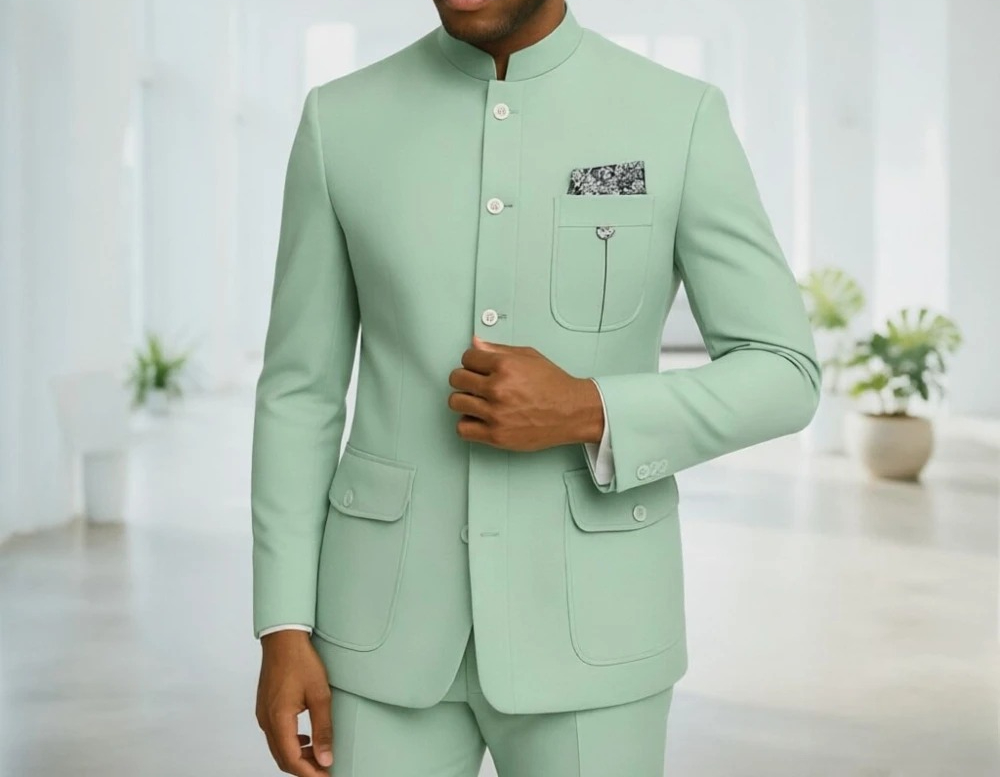 サファリメンズスーツ メンズプレミアムライトグリーンマンダリ - Men'S Formal Wear For Office のレビューと価格