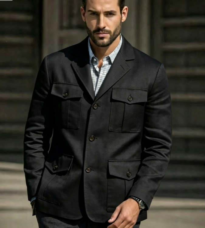 ブルーリネンサファリブレザー メンズ ヴィンテージカジュアル - Men'S Formal Resort Wear のレビューと価格