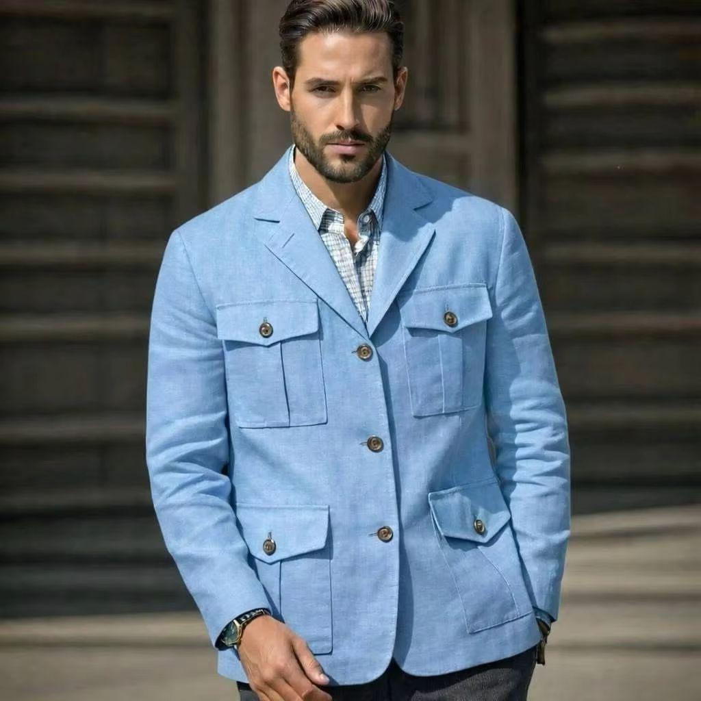 ブルーリネンサファリブレザー メンズ ヴィンテージカジュアル - Men'S Formal Resort Wear のレビューと価格